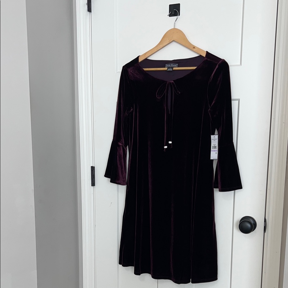 Jessica Howard Long Sleeve Velvet Dress in Deep Purple, diamond hoop tassels S6